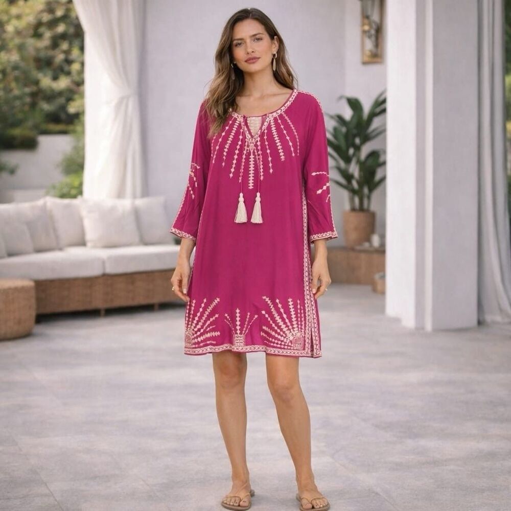 Tolani Embroidered Mini Dress MEDIUM Magenta Fuchsia Boho Tasseled Sundance